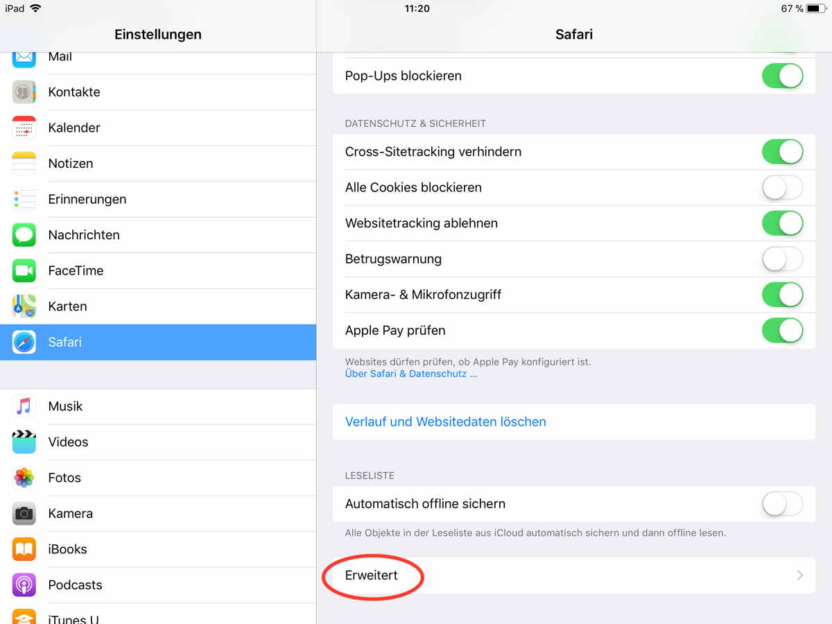 Dieses Bild zeigt den Eintrag für ‚Safari‘ in den Einstellungen auf einem iPad mit iOS 11.